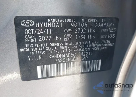 2012 Hyundai Elantra Gls (Ulsan Plant) из США, поврежденный, VIN KMHDH4AE5CU342211